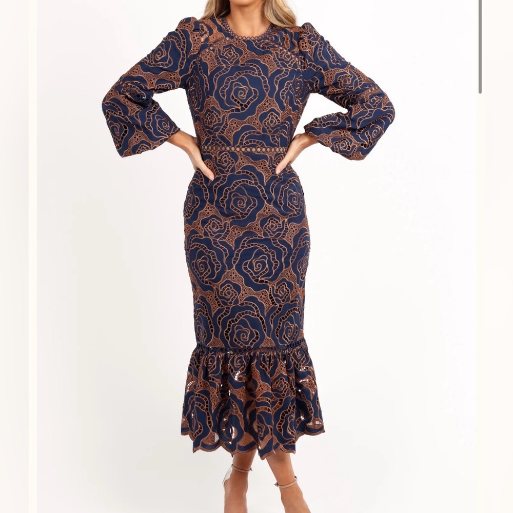 Petal & Pup Navy and Brown Long Sleeve Floral Lace Midi Dress